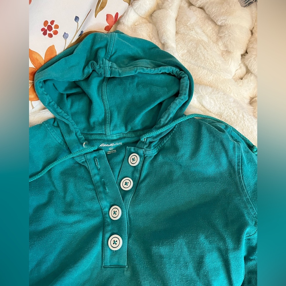 Eddie Bauer Women XXL Teal Green Large Button Casual Weekend Travel Comfy Hoodie